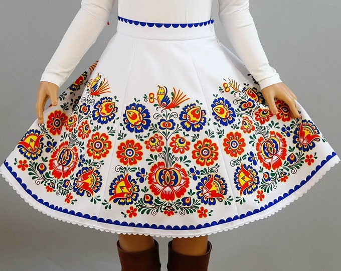 Skirt/European Style/Moravian folk ornaments/Print/Kawaii/Traditional Folk/Moravian Folk Art/Slavic Folk Skirt/White/Slovacko Floral/