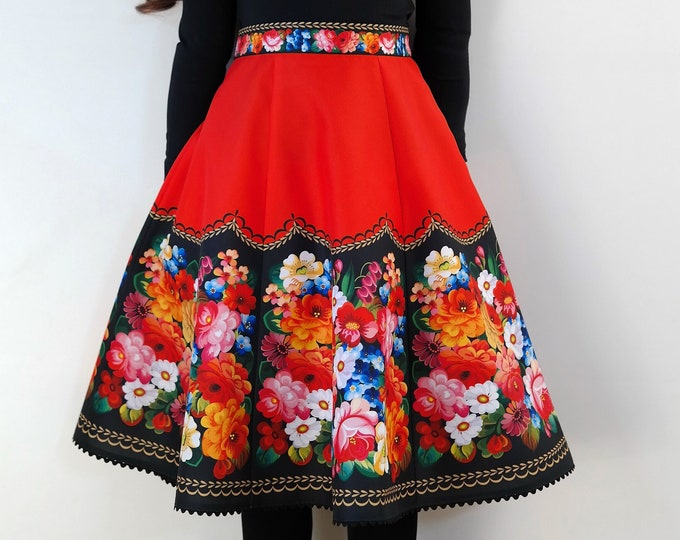 A-Line Flower Red Skirt/Summer Red Floral Print Skirt/Floral Red Skirt/Flower Patterned Red Skirt/Colorful Flower Skirt/Floral Print Skirt