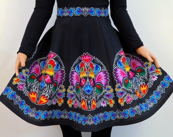 Black A-Line Summer Skirt with Colorful Polish Folk Floral Patterns/Black Skirt with Slavic Rooster and Flower Patterns/European Folk Motifs