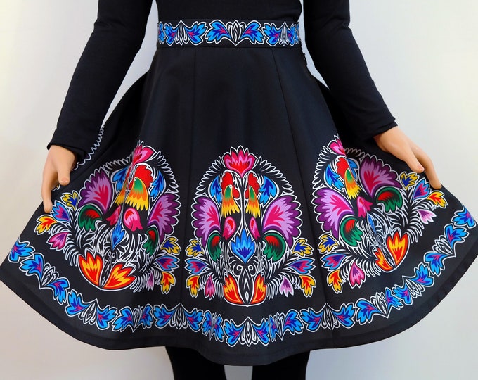 A-Line Black Mini Folk Skirt with Colorful Polish Rooster and Floral Patterns, Summer Skirt with Slavic Patterns, European Folk Motifs