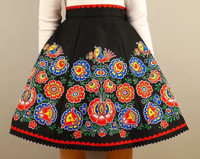Skirt/European Style/Moravian folk ornaments/Print/Kawaii/Traditional Folk/Moravian Folk Art/Slavic Folk Skirt/Black/Slovacko Floral/