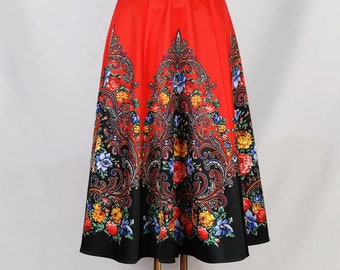 European Style A-line Red Skirt/Flower and Paisley Pattern/Mini and Midi Length/Summer Skirt/Back Zipper/2 Pockets/Perfect Unique Gift