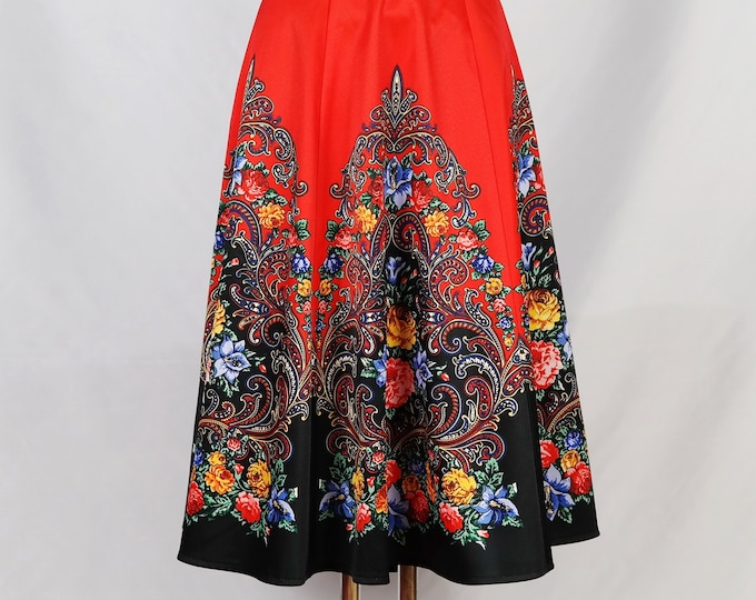 A-Line Scarlet Red Mini & Midi Folk Skirt with Flower Ornaments and Floral Paisley Patterns, Summer Skirt with Back Zipper and 2 Pockets