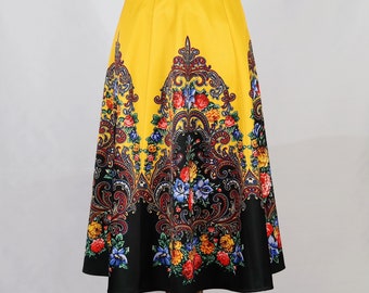 European Style A-line Amber Yellow Skirt/Flower Paisley Pattern/Mini & Midi Length/Summer Skirt/Back Zipper/2 Pockets/Perfect Unique Gift