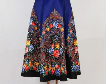 European Style A-line Deep Blue Skirt/Flower Paisley Pattern/Mini & Midi Length/Summer Skirt/Back Zipper/2 Pockets/Perfect Unique Gift