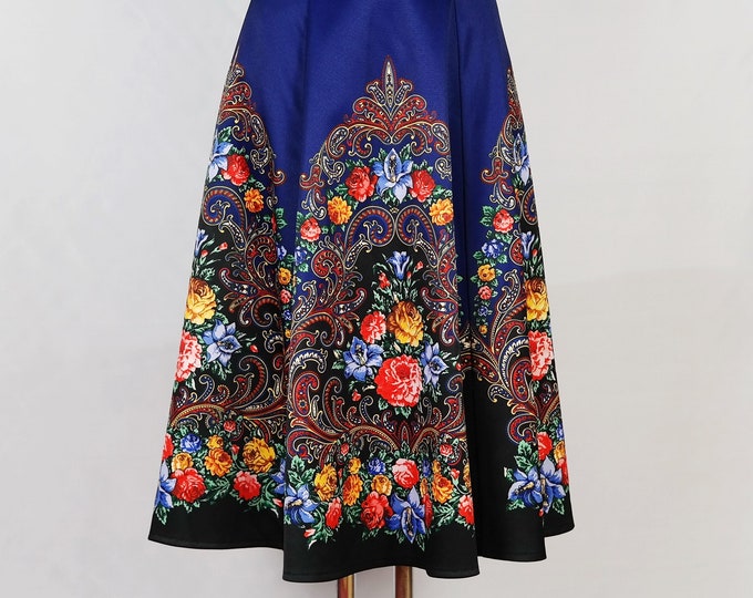 A-Line Deep Blue Mini & Midi Folk Skirt with Flower Ornaments and Floral Paisley Patterns, Summer Skirt with Back Zipper and 2 Pockets