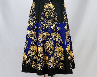 European Style A-line Deep Blue Skirt/Golden Flowers Pattern/Mini & Midi Length/Summer Skirt/Back Zipper/2 Pockets/Perfect Unique Gift