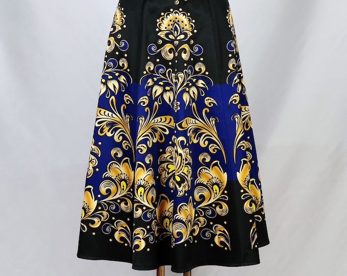 A-Line Dark Blue Mini & Midi Folk Skirt with Intricate Golden Flower Ornaments and Patterns, Summer Skirt with Back Zipper and 2 Pockets