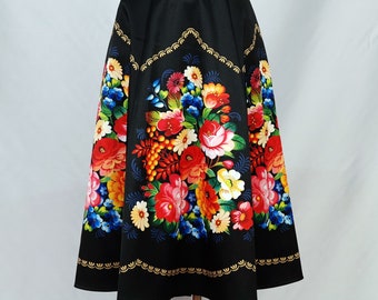 European Style A-line Black Skirt/Colorful Flowers Pattern/Mini & Midi Length/Summer Skirt/Back Zipper/2 Pockets/Perfect Unique Gift