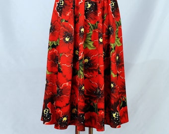 European Style A-line Red Poppy Print Skirt/Floral Print/Mini and Midi Length/Summer Skirt/Elastic Waist/2 Pockets/Perfect Unique Gift