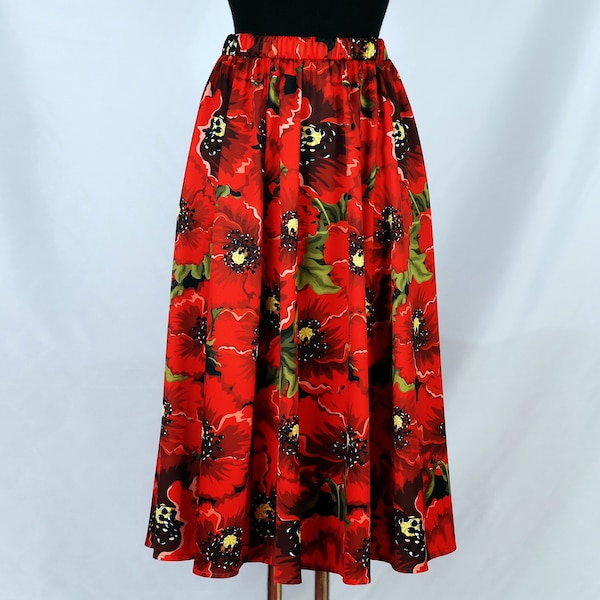 European Style A-line Red Poppy Print Skirt/Floral Print/Mini and Midi Length/Summer Skirt/Elastic Waist/2 Pockets/Perfect Unique Gift