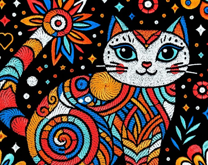 Boho Cat Machine Embroidery Design: Bold Colorful Psychedelic Graphic Modern Art Hipster Home Styling