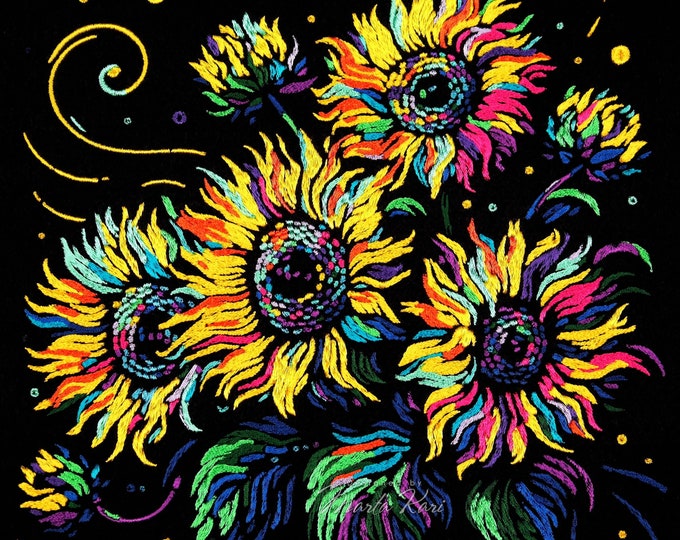 Van Gogh Sunflowers Machine embroidery, Satin embroidery, Embroidery design, Psychedelic embroidery, Modern Art embroidery, Contemporary Art