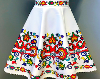 White A-Line Summer Skirt with Colorful Tartar Folk Floral Patterns/White Skirt with Tartar Flower Patterns/Skirt with Floral Folk Motifs