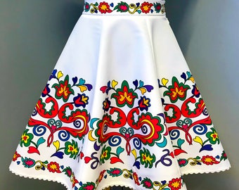 White A-Line Summer Skirt with Colorful Tartar Folk Floral Patterns/White Skirt with Tartar Flower Patterns/Skirt with Floral Folk Motifs