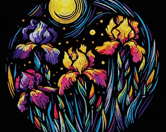 Van Gogh Irises Machine embroidery, Satin embroidery, Embroidery design, Psychedelic embroidery, Modern Art embroidery, Contemporary Art