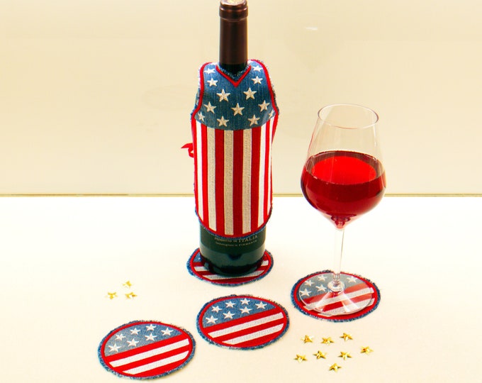 Decorative Mini Aprons for Wine Bottles, 4th of July gift, Apron bottle covers, Instant download Machine Embroidery design, Unique Gift Idea