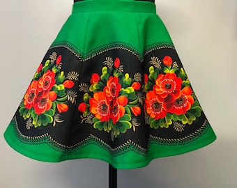 Green A-Line Skirt with Red Poppy Print/Floral Skirt with Red Poppies/European Summer Skirt with Red Poppies/Mexican Skirt with Red Poppies