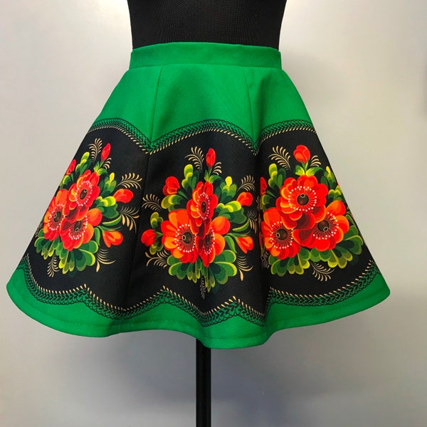 Green A-Line Skirt with Red Poppy Print/Floral Skirt with Red Poppies/European Summer Skirt with Red Poppies/Mexican Skirt with Red Poppies