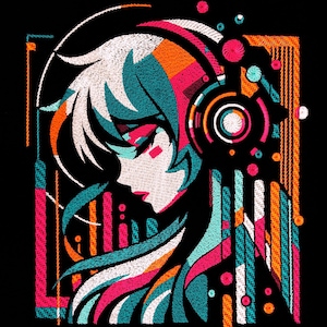 Peut inclure: Une œuvre d'art brodée représentant un portrait stylisé d'une personne portant un casque audio. Le design intègre des formes géométriques et des couleurs vives, notamment le turquoise, l'orange, le rose et le blanc, sur fond noir.