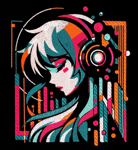 Anime Psychedelic Colorful Pop‑Art Machine Embroidery for Fans of R&B, K-Pop, J-Pop, Rock