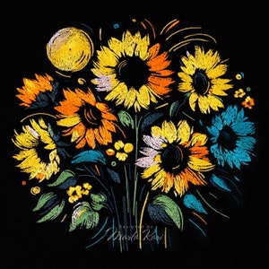 Può includere: Disegno ricamato di un mazzo di girasoli in tonalità di giallo, arancione e blu su uno sfondo nero. Il disegno include un piccolo cerchio con un centro giallo e un contorno bianco, e il testo "Designed by Marta Kazi" in basso.