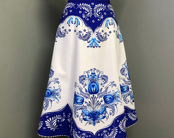 A-Line Midi & Maxi Folk Skirt with White-Blue European Hungarian Moravian Czech Floral Patterns, Slavic and Magyar Traditional Folk Art
