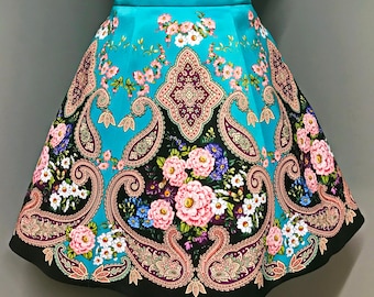 A-Line Teal Paisley Skirt With Pink Roses/Teal Skirt With Bohemian Floral Pattern/Paneled Skirt w. Roses Paisley/Slavic Folk Ornament Skirt