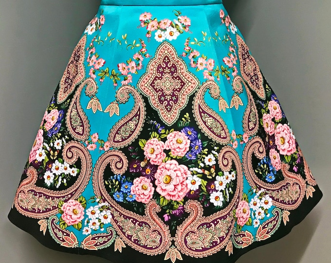 A-Line Teal Paisley Skirt With Pink Roses/Teal Skirt With Bohemian Floral Pattern/Paneled Skirt w. Roses Paisley/Slavic Folk Ornament Skirt