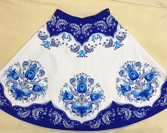 Skirt/European Style/white/Blue/Hungarian/Moravian/Czech/Print/Kawaii/Folk/Folk Art/Slavic Folk Skirt/