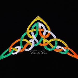 May include: A Celtic knot design in green, white, orange, and yellow, with the text "Designed by Martha Kari" at the bottom.