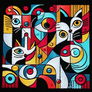 May include: Abstract art embroidery featuring three stylized animal faces in a geometric pattern. The faces are white with black outlines and are surrounded by colorful shapes and lines. The background is black.