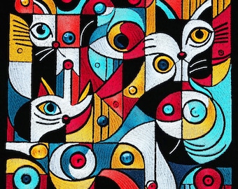 Pablo Picasso Style Cute Cats Machine embroidery,Embroidery design,Psychedelic embroidery,Modern Art embroidery,Contemporary Art, Cubism