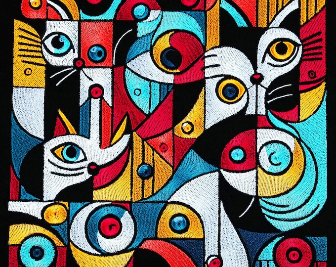 Pablo Picasso Style Cute Cats Machine embroidery,Embroidery design,Psychedelic embroidery,Modern Art embroidery,Contemporary Art, Cubism