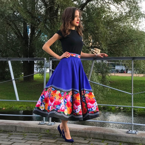 A line Blue Floral Midi Skirt flower Blue Skirt flower Patterned Skirt colorful Flower Skirt 1950s Style Skirt european Floral Skirt slavic Etsy