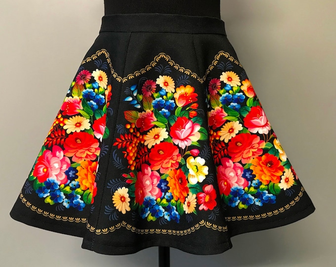 A-Line Flower Skirt/Summer Black Floral Skirt/High Waisted Floral Skirt/Flower Patterned Skirt/Colorful Flower Skirt/Floral Print Skirt