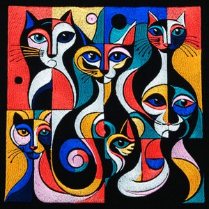 May include: A colorful abstract art piece featuring five stylized cats in a geometric pattern. The cats are depicted in shades of blue, red, yellow, white, and black.