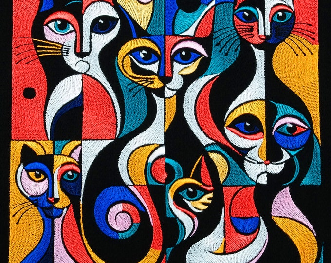 Salvador Dali Style Cute Cats Machine embroidery,Embroidery design,Psychedelic embroidery,Modern Art embroidery,Contemporary Art, Cubism