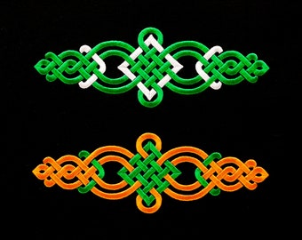 May include: Two Celtic knot designs, one in green and white, the other in orange and green. The knots are intricate and symmetrical.
