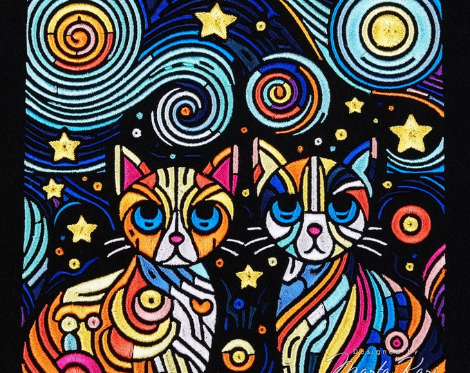 Van Gogh Style Cute Cats Machine embroidery,Satin embroidery,Embroidery design,Psychedelic embroidery,Modern Art embroidery,Contemporary Art
