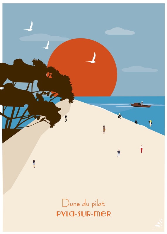 Affiche La Dune Du Pilat Illustration Bateau Bassin Etsy