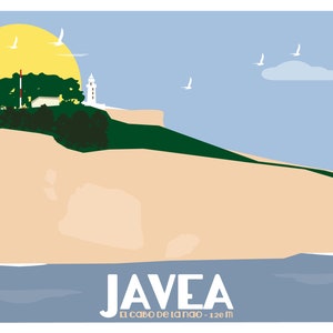 Peut inclure: Une illustration colorée d'un phare sur une falaise surplombant l'océan. Le soleil brille dans le ciel et des mouettes volent au-dessus. Le texte "JAVEA" est écrit en lettres blanches sous l'image, avec les mots "EL CABO DE LA NAU - 120m" écrits en lettres plus petites en dessous.