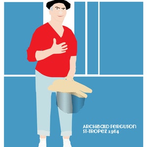 Ilustración vintage "Louis de Funès". Cine. Arte digital. Póster. Tonos azules. Idea de regalo. Actor de cine. Los gendarmes en St Tropez.