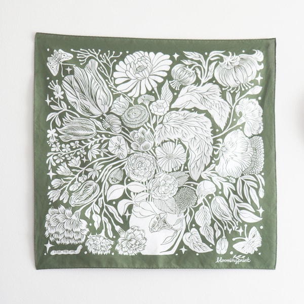 Still Life Bandana, Wildflower Cotton Bandana, Floral Scarf, Soft Cotton Bandana, Botanical Pattern,Hair Scarf, Handmade Bandana,Neckerchief