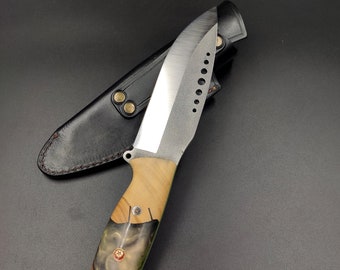 Handmade N690 bushcraft knife, hunting knife, tactical knife, camping knife with leather sheath (No:4)