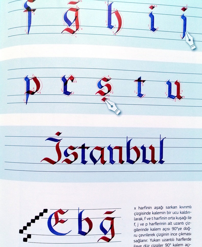 May include: A calligraphy guide with instructions on how to write the letters f, g, h, i, j, p, r, s, t, u, and the word "Istanbul" in a gothic script. The guide also shows how to write the letters e, b, and g in a gothic script.