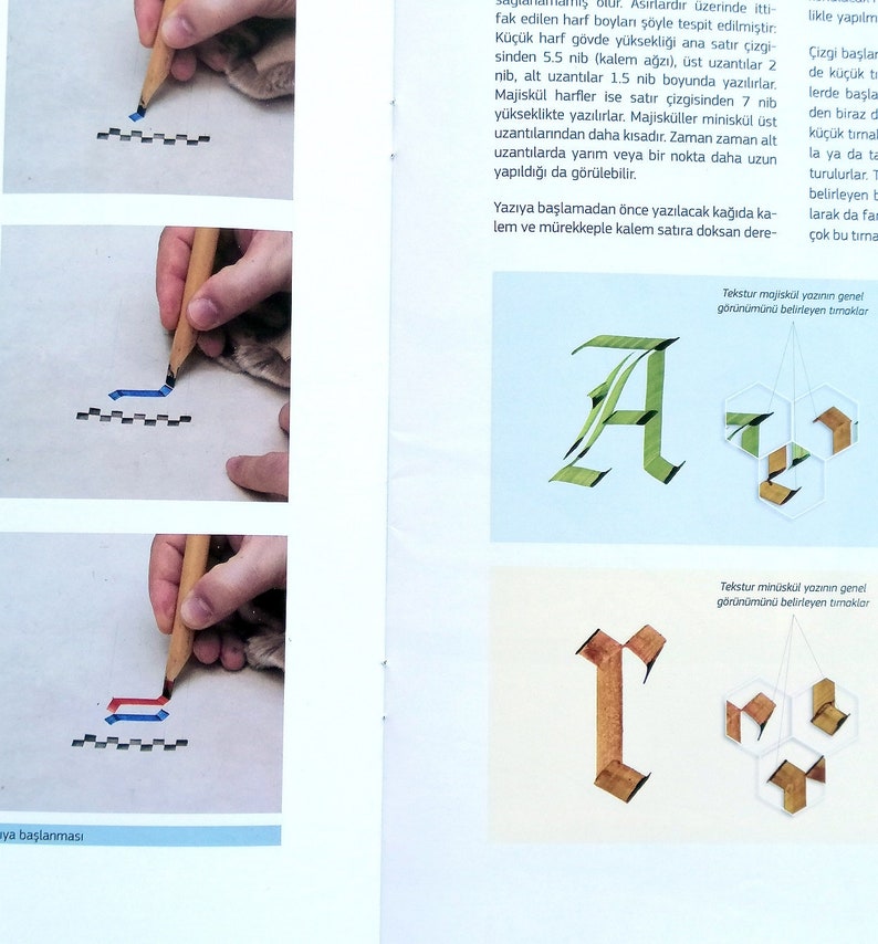May include: A close-up of a calligraphy guide showing how to write the letters "A" and "r" using a grid system. The guide includes instructions on how to use a nib pen and create different strokes. The text in the image is in Turkish.