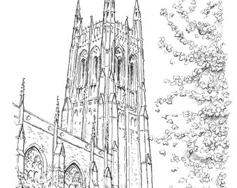 Impresión: Capilla de la Universidad de Duke, Durham, Carolina del Norte (impresión a pluma y tinta)