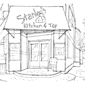 May include: A black and white sketch of a restaurant storefront with the name "Stanley's Kitchen & Tap" above the entrance. The building has a simple design with a single door and two windows. A chair sits in front of the door.