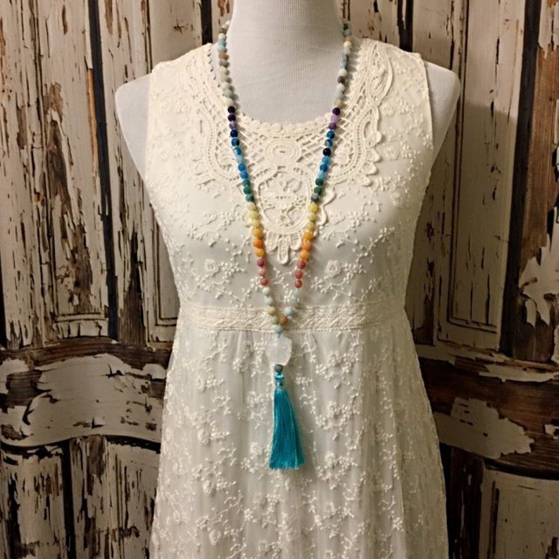 Colorful Gemstone Necklace Tassel Pendant Hippie Bohemian Long Necklace-No Clasp Rainbow Gemstone Necklace with Tassel Hand Knotted